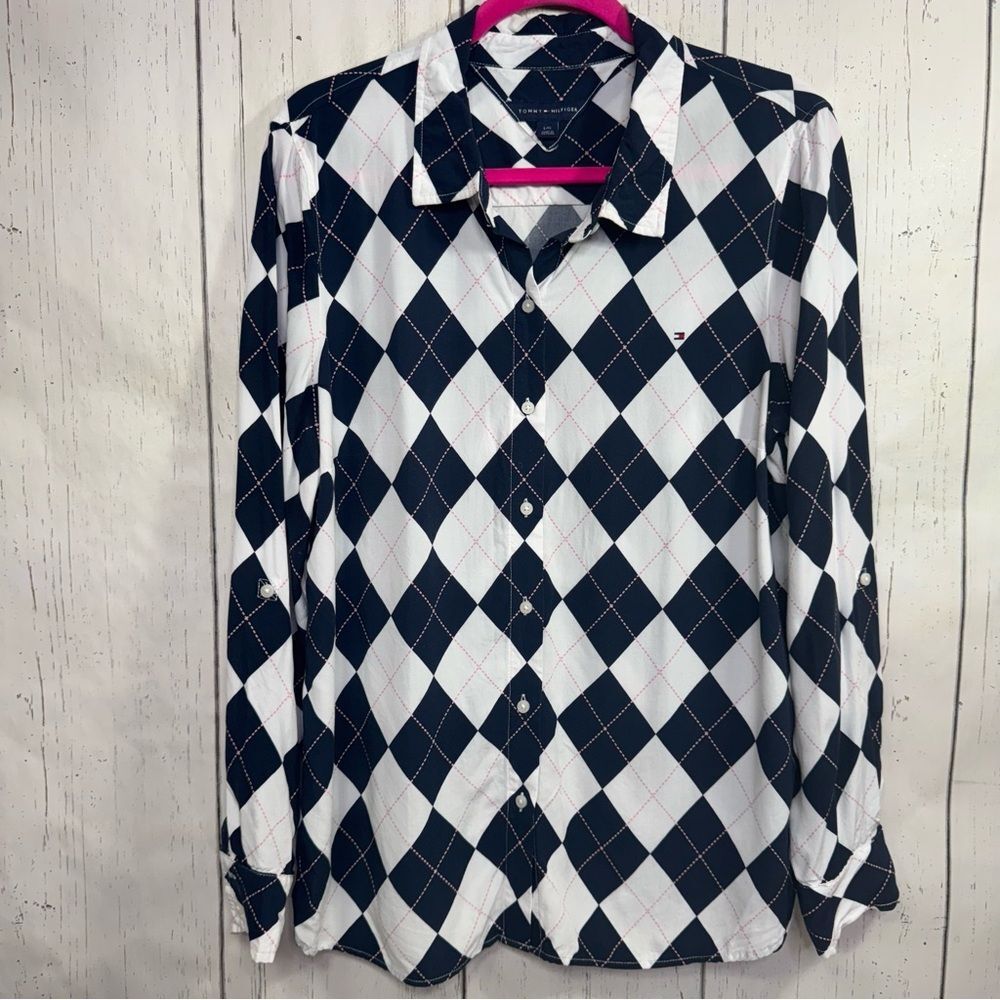 Tommy Hilfiger Navy White Argyle Button Down Shirt L Preppy Classic Academia